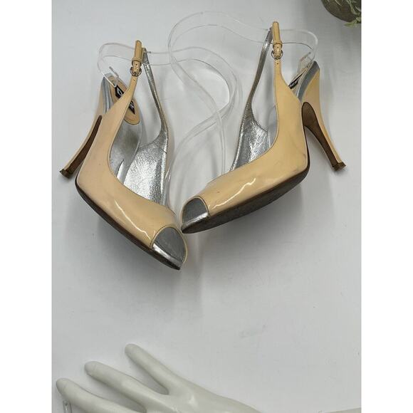 DOLCE & GABBANA D&G Patent Leather Beige Sling Back Heels Sz 36.5/6 US Peep Toe - Picture 11 of 15